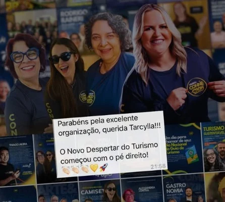 Print de mensagem no WhatsApp sobre uma foto de grupo do evento Connection, parabenizando a Tarcylla pela organização