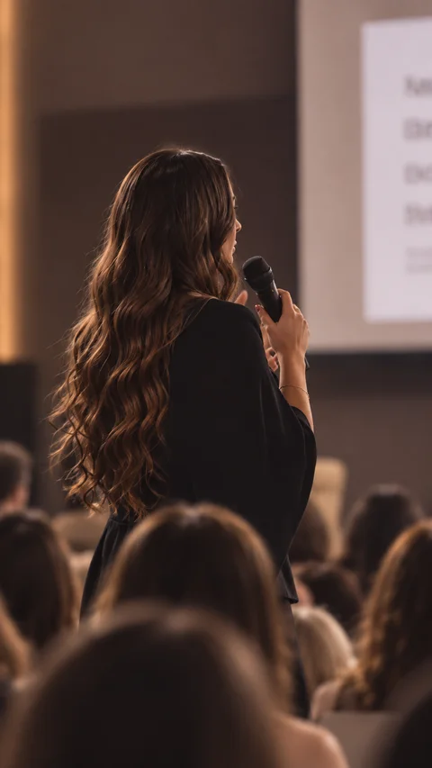 Tarcylla Moura de costas, com o microfone na mão, falando para uma plateia